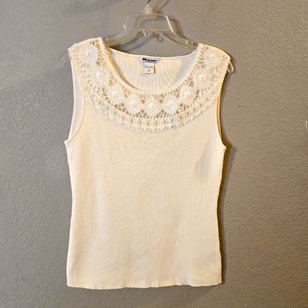 Nygard Collection Vintage Womens Cream Boho Sleeveless Top Lace Clear Stones L